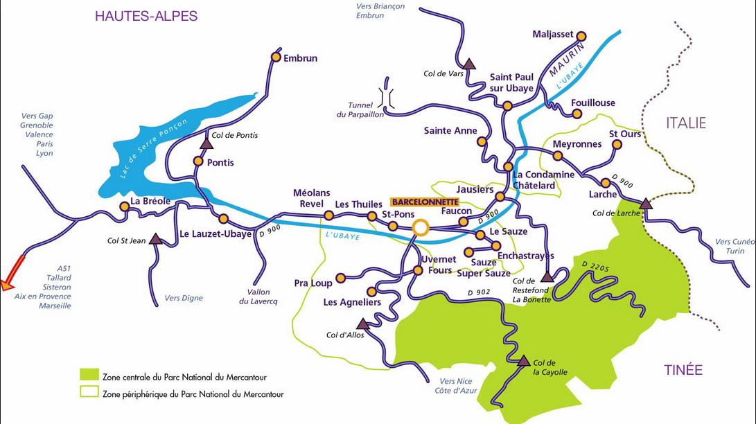 Carte détaillée de la Vallée de l’Ubaye, de Serre-Ponçon à la Haute-Ubaye, avec ses villages, ses cols et le parc national du Mercantour