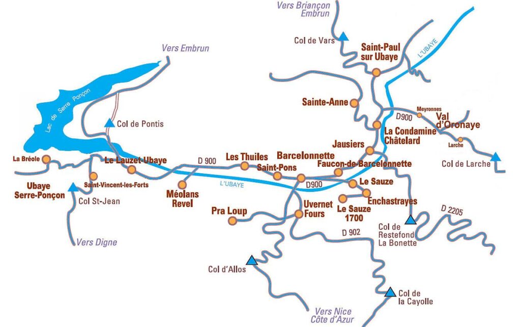 Carte originale de la Vallée de l'Ubaye avec le lac de Serre-Ponçon, les villages, les stations et les principaux cols